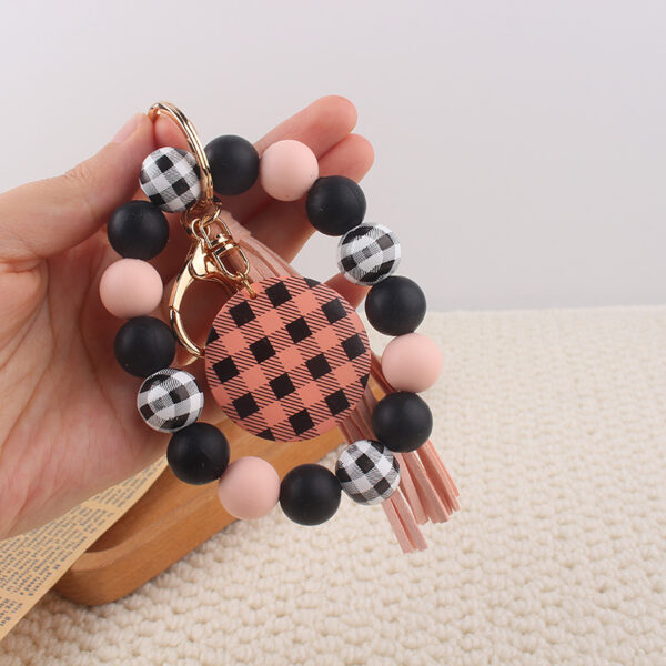 oly-58219cb22e896a4b80b5d18f729c3e60 Wholesale Plaid Wood Bead Tassel Silicone Keychain Fashion Accessory Boutique Resale Gift