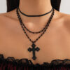 Wholesale Gothic Dark Style Artificial Crystal Cross Pendant Layered Necklace for Women Trendy Jewelry Accessory