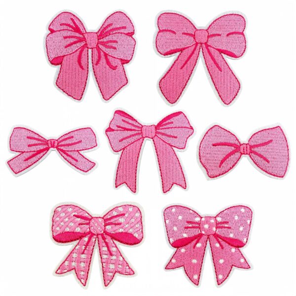 oly-58ab30900cdb5de43fd2fbed03989650 Wholesale Polyester Embroidered Patches Pink Bow Design 7-Piece Set Decorative Accent for Clothing Office Decor