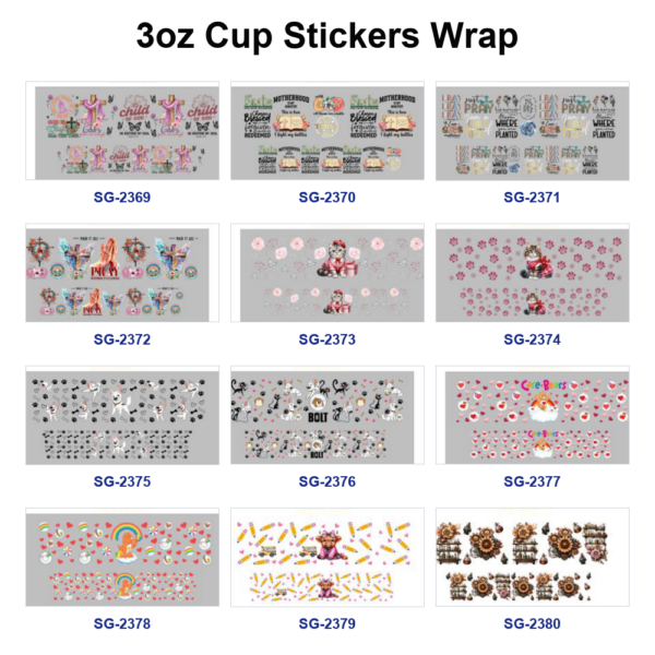 Wholesale 8pcs Mixed Quote Pet Cartoon Floral Print 3oz Cup Stickers Wrap OLY Exclusive