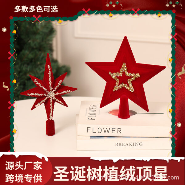 Wholesale Plastic Flocked Christmas Tree Top Star Burgundy Painted Decorative Holiday Ornament Gift