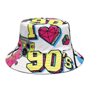 oly-59c4c0cefd61da64c6a6374c4b767a7c Wholesale Stylish 90s Party Bucket Hat Unisex Double Sided White Print Sun Protection