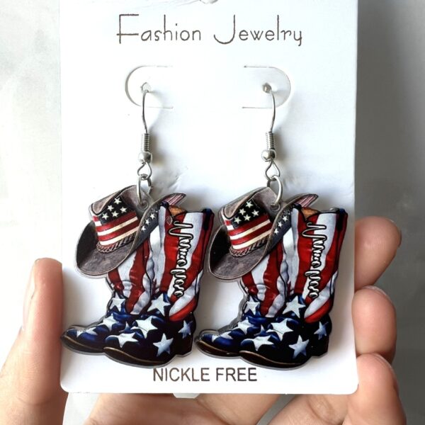 oly-5a00868a3bc64a97fc29a8f54e7a283f Wholesale Acrylic USA Flag Boot Earrings Retro Double Sided Design Fashion Accessory
