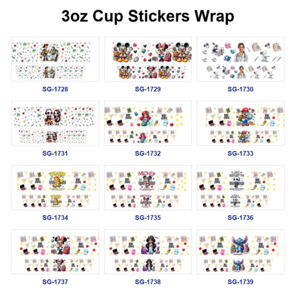oly-5ab392c55851c2dc29c5d9f3e039b1cf Wholesale 8pcs Assorted Cartoon Prints 3oz Cup Stickers Wrap OLY Exclusive