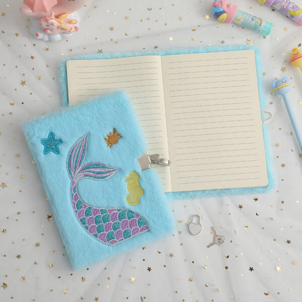 oly-5b27ffaf29fb92efab50c8b8c1ec39fb Wholesale Cartoon Mermaid Tail Embroidered Plush Notebook Cute Lock Diary for Girls Everyday Journal