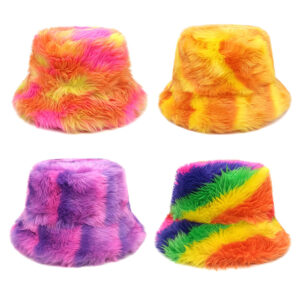 Wholesale Rainbow Tie Dye Plush Bucket Hat Thick Warm Winter Women's Outdoor Casual Hat