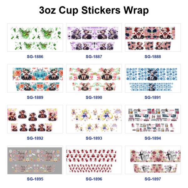 Wholesale 8pcs Cute Sheep, Flower, Text and Animation Figure Pattern 3oz Cup Stickers Wrap OLY Exclusive