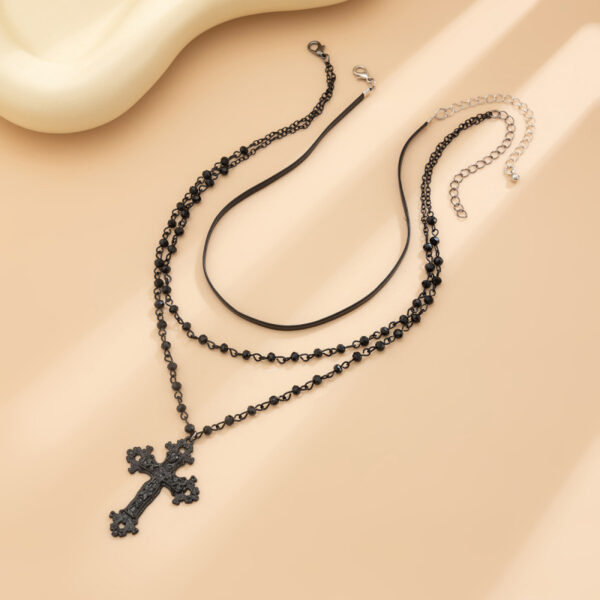 Wholesale Gothic Dark Style Artificial Crystal Cross Pendant Layered Necklace for Women Trendy Jewelry Accessory