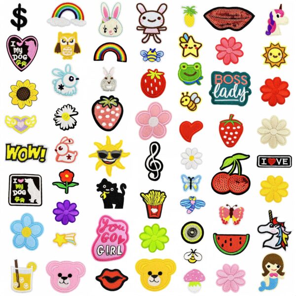 Wholesale Polyester Embroidered Cartoon Rabbit Flower Cloth Patches Set of 60 for DIY Clothing Bag Decoration