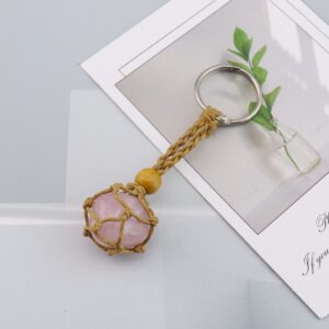 Brown rope + rose quartz keychain