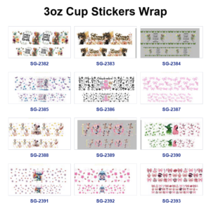 Wholesale 8pcs Mixed Inspirational Text Cartoon Character Floral Print 3oz Cup Stickers Wrap OLY Exclusive
