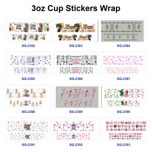 oly-5e6a6152bbd7653b42b8f4c4c06a1651 Wholesale 8pcs Mixed Inspirational Text Cartoon Character Floral Print 3oz Cup Stickers Wrap OLY Exclusive