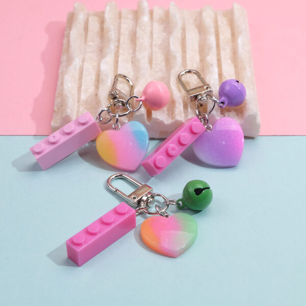 Wholesale Resin Heart Bell Keychain Candy Color DIY Building Block Bag Charm for Gifts Souvenirs