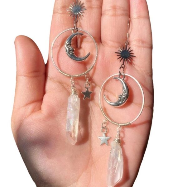 Wholesale Gothic Silver Moon Star Pendant Earrings with Natural White Crystal Fashion Accessory for Party Gift