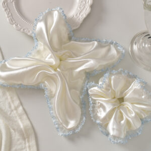 Wholesale Trendy White Satin Blue-Edge Large Intestine Hair Tie – Handmade Hair Accessory for Everyday Styling