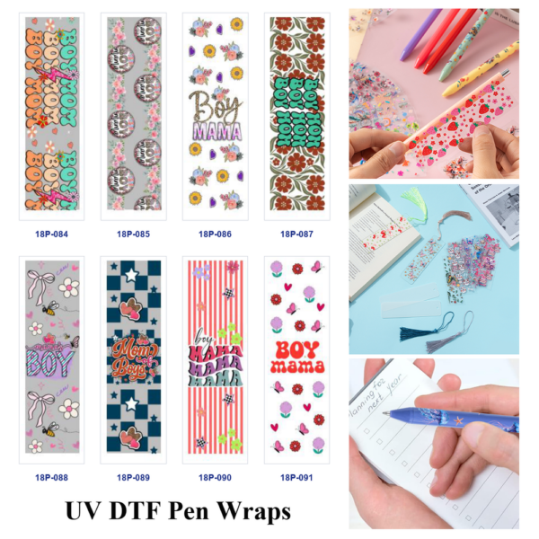 Wholesale 2/8/16pcs UV DTF Stickers Boy Mama Floral Bee Bow Checkered Print Pen and Bookmark Stickers