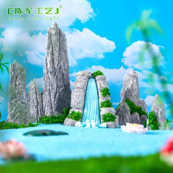 Wholesale Chinese Style Miniature Resin Landscape Ornament with Simulated Waterfall and Moss, DIY Garden Decor Accessory for Home Decor Resale