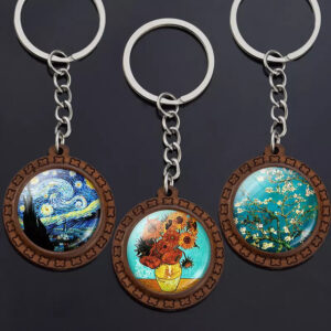 Wholesale French Retro Van Gogh Wooden Keychain with Sunflower Print Car Key Accessory