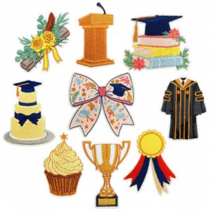 oly-6353f51cb2e2e304225da26a23c57df0 Wholesale Polyester Graduation Embroidered Patches 9 Piece Set of Cartoon Books and Bows for Fashion Accessory Craft Supply