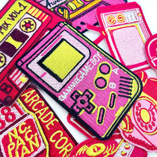 oly-637cbcf5b58952b05dc628630da16063 Wholesale Trendy Pink Retro Record Player Game Console Embroidered Patch for Shoes Hats Boutique Gift