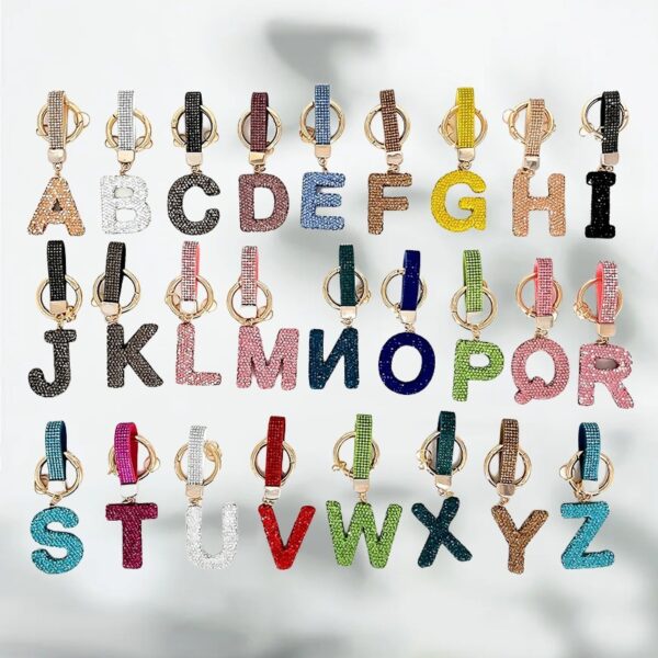 oly-638dd2224372a6f629ec973cd664cdf0 Wholesale Full Rhinestone English Letter Keychain Clay Bag Charm Car Key Accessory Gift Resale