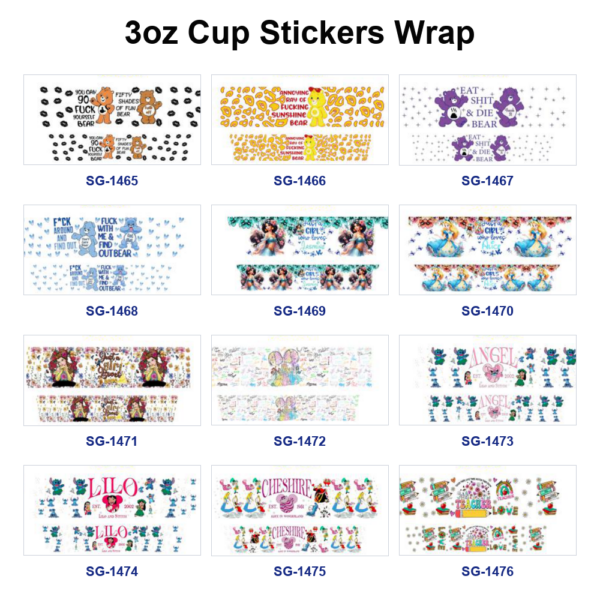 Wholesale 8pcs Mixed Cartoon Bear Girl Animal Print 3oz Cup Stickers Wrap OLY Exclusive