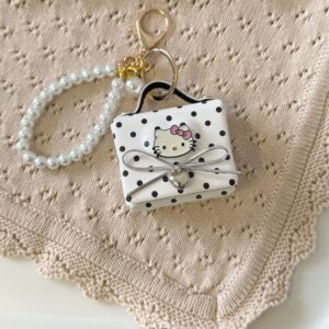 White polka dot cat head earphone bag + bead chain