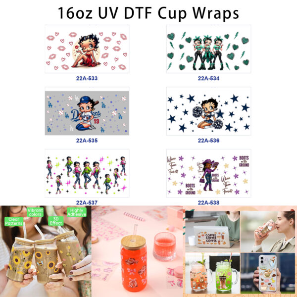 oly-6551f49deb251aba1deafeba208c2cda Wholesale 5pcs Retro Trendy Cartoon Girl Lip Heart Lightning Star Baseball Floral Mixed Decor Prints 16oz Cup UV DTF Wraps OLY Exclusive