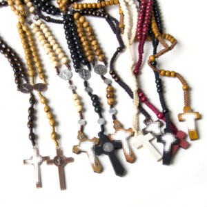 Wholesale Cross Rosary Necklace Natural Wood Bead Coffee Color Handcrafted Fashion Accessory