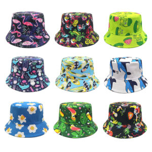 Wholesale Cartoon Frog Flamingo Print Bucket Hat Trendy Sun Protection Outdoor Beach Hat