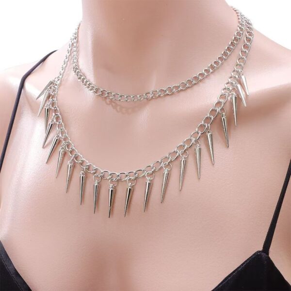oly-6822f0bf93416ec741a506b5717c7f73 Wholesale Punk Style Double Layer Fringe Rivet Clavicle Necklace, Fashion Jewelry Accessory for Casual Everyday Gift