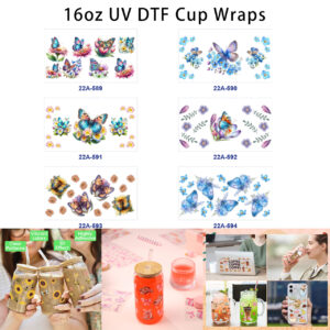 Wholesale 5pcs Bright Luminous Hand Illustrated Butterfly Pastel Garden Floral Sprig Design Decor Prints 16oz Cup UV DTF Wraps