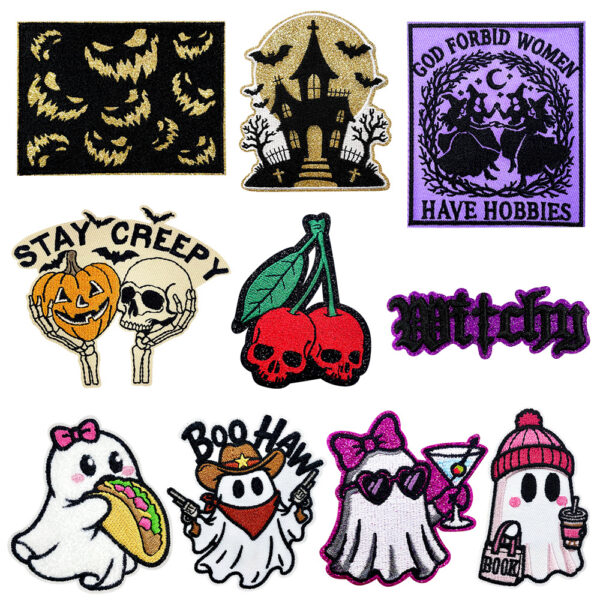 Wholesale Halloween Ghost Skull Embroidery Patches Decorative Iron-on Patches for Clothing Boutique Resale Accessory