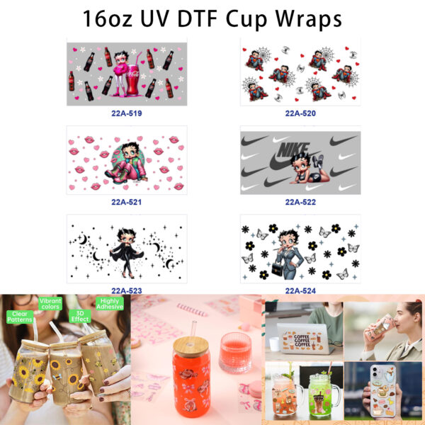 Wholesale 5pcs Retro Cartoon Girl Soda Lip Heart Spider Web Floral Mixed Decor Prints 16oz Cup UV DTF Wraps OLY Exclusive