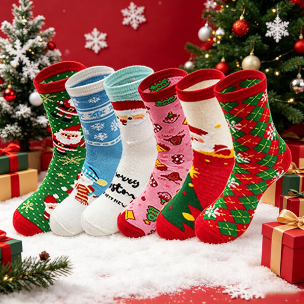 Wholesale Polyester Cotton Mid Calf Socks with Cartoon Christmas Patterns for Holiday Party Gifts