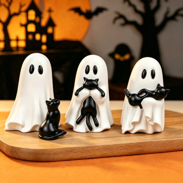 Wholesale Resin Ghost Black Cat Figurine Halloween Home Decor Decorative Accent Gift