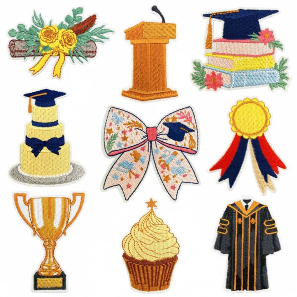 oly-6b0431ce2cffc4affe191005bb710ddb Wholesale Graduation Themed Cartoon Embroidered Patches 9-Piece Set, Decorative Craft Supply Gift