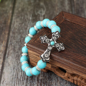 Wholesale Vintage Carved Cross Western Cowboy Blue Bead Bracelet Alloy Fashion Accessory