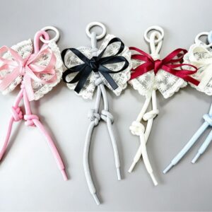 Wholesale Yarn Handmade Lace Bow Keychain Bag Charm Color Block Pink Boutique Resale