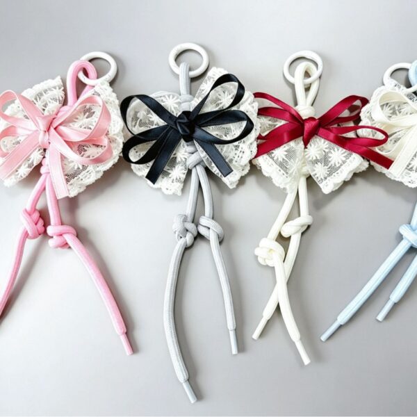 oly-6cd376e81c03e2ba50db652d47e24272 Wholesale Yarn Handmade Lace Bow Keychain Bag Charm Color Block Pink Boutique Resale