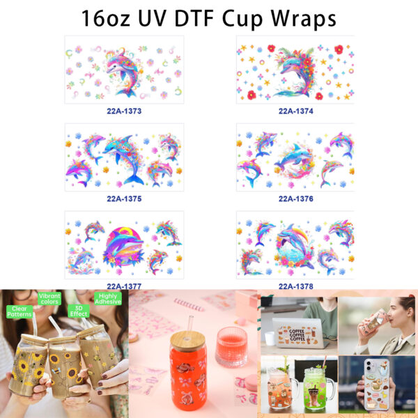 oly-6ce8588bc3f1edb4dc1f7c491e6dd79c Wholesale 5pcs Rainbow Neon Gradient Cute Dolphin Floral Dot Star Moon Ocean Mixed Decor Prints 16oz Cup UV DTF Wraps