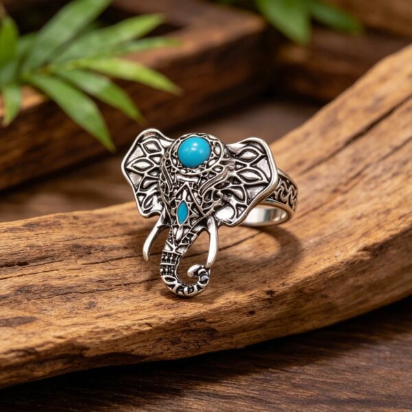 oly-6f89ee44b70410cd87e07c378d69bd20 Wholesale Vintage Silver Elephant Hollow Ring with Turquoise Inlay, Ethnic Style Women's Jewelry Accessory for Boutique Resale