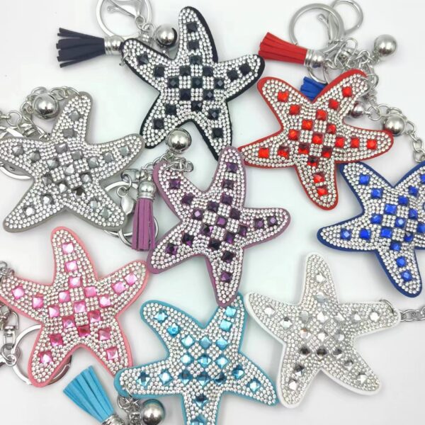 Wholesale Starfish Purple Glass Rhinestone Bag Charm Keychain with Tassel