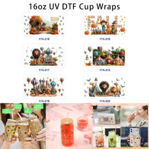 Wholesale 5pcs Fall Harvest Circus Theme Pumpkin Scarecrow Lion Giraffe Hot Air Balloon Tent Mixed Decor Prints 16oz Cup UV DTF Wraps