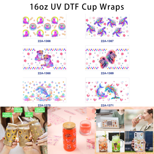oly-718c77cf564ce83519bf2220fc65c2e8 Wholesale 5pcs Rainbow Tie Dye Neon Cute Wild Animal Sloth Sea Turtle Leopard Lion Dolphin Floral Heart Star Mixed Decor Prints 16oz Cup UV DTF Wraps
