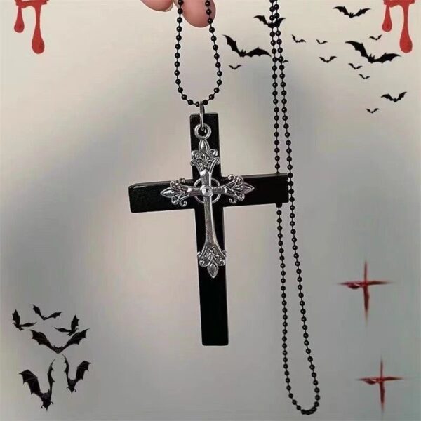 oly-71b5a07365be6f29c79f07120d3e87d4 Wholesale Alloy Double Pendant Wooden Cross Necklace Long Chain Gothic Style Fashion Accessory for Resale