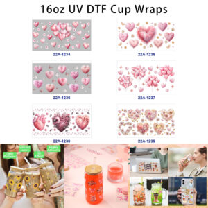 oly-7237fb929eb7fdfda715ab39cf67c782 Wholesale 5pcs Soft Blush Pink Gentle Valentines Heart Balloon Fluffy Heart Butterfly Floral Daisy Mixed Decor Prints 16oz Cup UV DTF Wraps