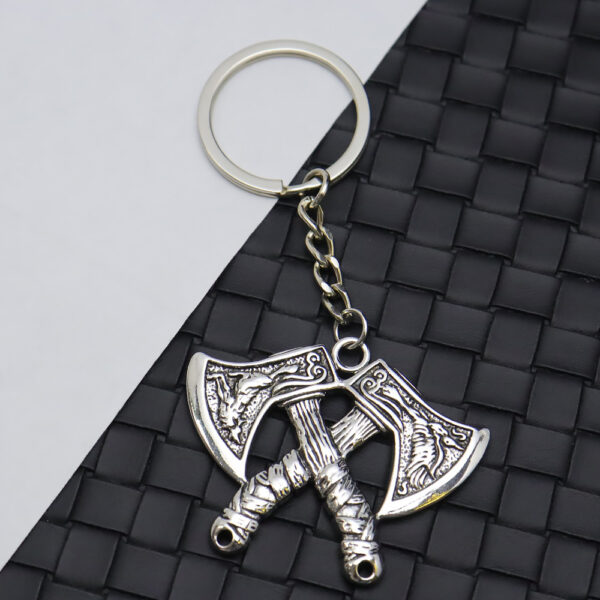 Wholesale Silver Metal Viking Rune Double Axe Keychain Trendy Wolf Head Eagle Pattern Key Pendant Gift