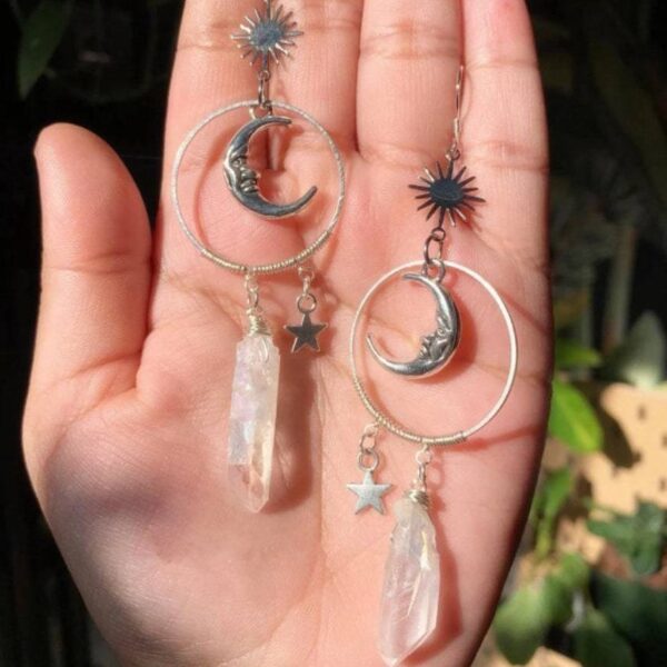 Wholesale Gothic Silver Moon Star Pendant Earrings with Natural White Crystal Fashion Accessory for Party Gift
