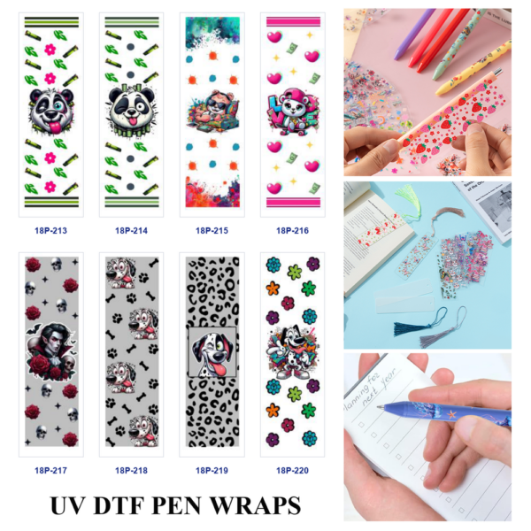 oly-73ef5d8fd10db224714d5b7cd5b218a2 Wholesale 2/8/16pcs UV DTF Stickers Green Bamboo Floral Splash Ink Skateboard Cool Bear Winking Panda Illustrations Pen and Bookmark Stickers